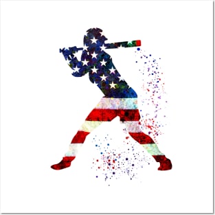 Girl Baseball Batter American Flag Watercolor Posters and Art